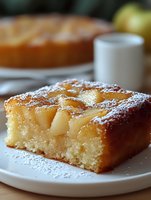 Fresh pear upside down cake slice dusted with powdered sugar on white plate, showing moist texture and caramelized fruit topping, served with coffee.