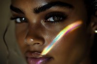 Young woman with medium to deep skin tone, defined eyebrows, and glowing makeup featuring iridescent light refraction across her face. Suitable for beauty, cosmetics, and skincare marketing campaigns.
