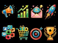 Megaphone with stars and sparkles, growth chart with upward arrow, envelope with lightbulb and stars, rocket ship launching upward, social media icons with thumbs up, shopping cart with gift box, target with arrow, and gold trophy cup isolated on transparent background. Ready for t-shirt design, clipart, stickers, print-on-demand, and sublimation projects.