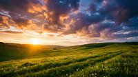 Dramatic sunset over rolling green meadow with golden light breaking through stormy clouds, perfect for nature and landscape backgrounds.