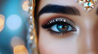 Close-up of woman's eye with glittery bronze eyeshadow and rhinestone face gems for glamorous party makeup and beauty fashion concepts.
