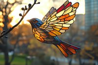 Stained glass bird suncatcher with vibrant orange, red and blue wings spreading against sunset light, decorative window hanging art piece creates magical glow.