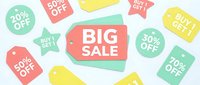 Colorful sale tags with discount labels including big sale, buy one get one, and percentage off offers on white background.