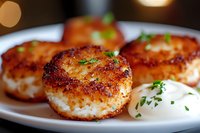 Pan-seared sea scallops with golden-brown crust, garnished with fresh herbs and cream sauce on white plate, selective focus with soft bokeh background.