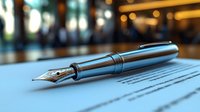Elegant fountain pen with metallic finish resting on document paper, shallow depth of field with soft bokeh background creates professional business atmosphere.