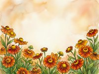 Watercolor autumn flowers border with orange and yellow blooms on warm textured background for seasonal greeting cards and fall decorations.