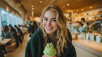 Young blonde woman smiling in cozy cafe, wearing dark green coat and holding matcha latte, with warm ambient lighting and blurred customers in background.