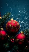 Red ornate Christmas baubles with gold snowflake patterns nestled among pine branches against dark blue background with falling snow, creating festive mood.