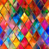 Vibrant diamond pattern with multicolored geometric shapes in watercolor style, featuring bright rainbow hues divided by metallic lines creating a stained glass effect.