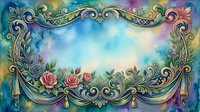 Watercolor ornate floral frame with roses and golden scrollwork on a dreamy blue background, perfect for invitations and greeting cards.