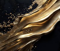 Luxurious gold liquid metal flow with glitter particles on black background creates dynamic abstract waves and splashes for premium design projects.