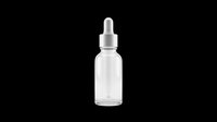 Clear glass dropper bottle with silver metallic cap and pipette, isolated on transparent background. Ready for cosmetics, skincare, essential oils, and pharmaceutical packaging design use.