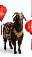 Black goat in ornate golden Chinese costume with red lanterns for lunar new year celebration on white background.