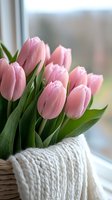 Fresh pink tulips in woven basket wrapped with soft white knitted fabric, natural window light creates gentle atmosphere for spring home decor and floral design.