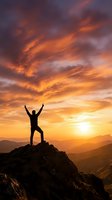 Silhouette of victorious man with raised arms celebrating success on mountain peak at dramatic sunset with golden orange clouds and mountain ranges.