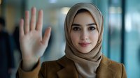 Young Middle Eastern businesswoman in hijab waving hello in modern office environment. Professional Muslim female executive greeting gesture corporate workplace.