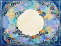 Watercolor celestial frame with ornate swirls and cosmic clouds surrounding blank circular space for text or design elements on mystical background.