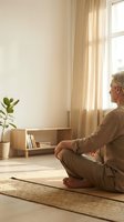 Senior Caucasian man practicing meditation in peaceful home interior with natural sunlight streaming through window creating serene wellness atmosphere.
