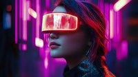Young woman with East Asian ethnicity wearing futuristic neon red LED visor glasses in cyberpunk setting with glowing magenta and pink neon lights, dark hair, modern fashion style for sci-fi, gaming, technology concepts.