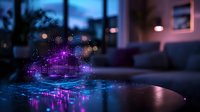 Glowing purple and blue holographic circuit pattern floating above reflective surface in dark room with bokeh lights creates futuristic technological atmosphere.