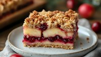 Layered cranberry cheesecake bar with buttery streusel topping and shortbread crust on white plate, fresh cranberries scattered around, close up view of dessert slice.