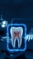 Holographic tooth projection in modern dental clinic with blue neon lighting and medical equipment for healthcare technology and digital dentistry concepts.