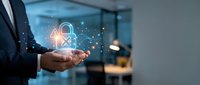 Businessman holding glowing padlock icon with digital particles, representing cybersecurity, data protection, and secure network technology for business applications.