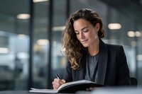 Young professional woman with curly hair wearing black blazer and grey sweater writing in notebook at modern office workspace with blurred background.