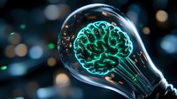 Glowing turquoise brain inside light bulb on dark background with bokeh lights, representing innovation, artificial intelligence and creative thinking concept.