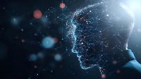 Digital human profile formed by glowing network connections against dark background with bokeh light effects, representing artificial intelligence technology.