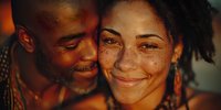 Intimate portrait of African American couple sharing tender moment, woman with freckles smiling as man leans close in warm golden light.