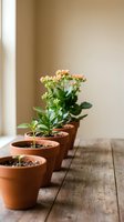 Row of potted flowering plants in terracotta containers arranged on wooden surface near window with natural light, suitable for gardening, home decor, and botanical content.