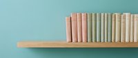 Minimalist wooden bookshelf with pastel colored books arranged on light blue wall background for modern interior design and home decor concepts.