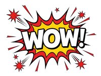 Comic book style WOW exclamation burst with red and yellow explosion effects on white background for graphic design projects and promotional materials.