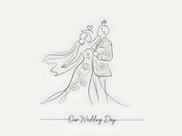 Elegant line art wedding couple dancing in romantic embrace with flowing dress and formal suit for invitations and celebration designs.