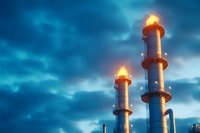 Industrial gas processing plant towers with burning flares against dramatic blue evening sky, illuminated steel columns emit orange flames.