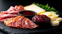 Charcuterie board with assorted cured meats, cheese cubes, cranberry sauce and red dipping sauce served on black slate plate with fresh herbs garnish.