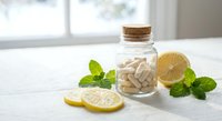 Natural vitamin C supplements in glass jar with fresh lemon slices and mint leaves on white table for healthy lifestyle and wellness routine.