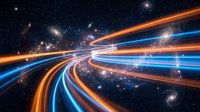 Dynamic light trails streaming through cosmic space with vibrant orange and blue energy beams creating futuristic motion effects against starry galaxy backdrop.
