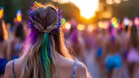 Young woman with rainbow colored hair at outdoor music festival, viewed from behind against sunset and crowd with bokeh lights creating dreamy atmosphere.