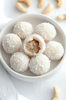 White coconut cashew truffles in ceramic bowl, one cut in half showing nutty filling, scattered raw cashews on marble surface. Fresh homemade confection.