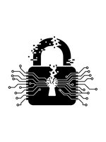 Digital padlock with circuit board connections dissolving into pixels representing cybersecurity data protection and network security technology.