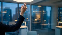 Businesswoman raising hand in modern office with city skyline view through floor-to-ceiling windows, representing leadership, success, and corporate achievement in contemporary workplace.
