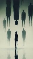 Mysterious silhouettes of floating figures in foggy atmosphere with central standing figure creating surreal, supernatural scene for horror and psychological concepts.