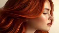 Young woman with flowing red hair and freckles in profile view against beige background, eyes closed peacefully, showing natural beauty and serene expression.