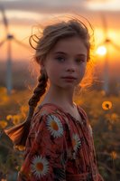 Young girl in floral dress stands in wildflower field at golden sunset, wind gently tousling her braided hair, with windmills silhouetted in background creating dreamy summer atmosphere.