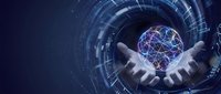 Hands holding glowing digital sphere with neural network connections in futuristic tech environment. Represents innovation, artificial intelligence, data processing, and digital transformation for technology concepts.