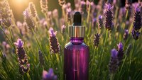 Purple glass dropper bottle with essential oil in blooming lavender field at golden hour sunset. Natural aromatherapy and wellness concept for spa treatments.