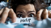 Young Caucasian man with wide frightened eyes peering over desk edge while holding help message, expressing workplace stress, anxiety and burnout concept.