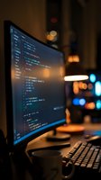 Software developer coding at night with programming code on computer monitor screen in modern office workspace with bokeh city lights background.